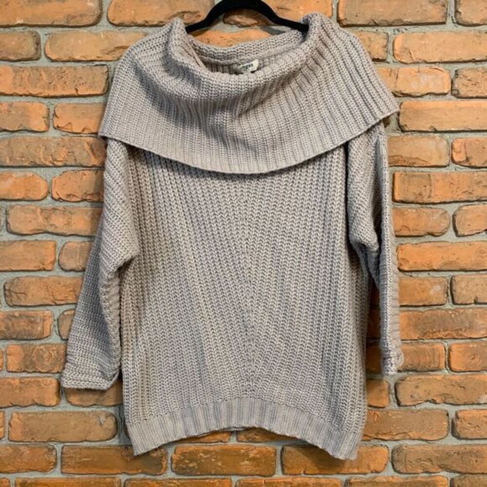 Umgee Womens Small Sweater Beige Chunky Knit Cowl Neck Oversized Ribbed Pullover